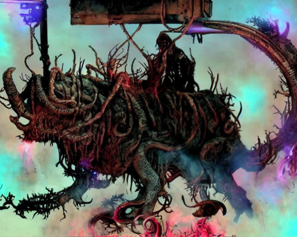 Monstrous creature with multiple horns and tendrils in multicolored misty backdrop