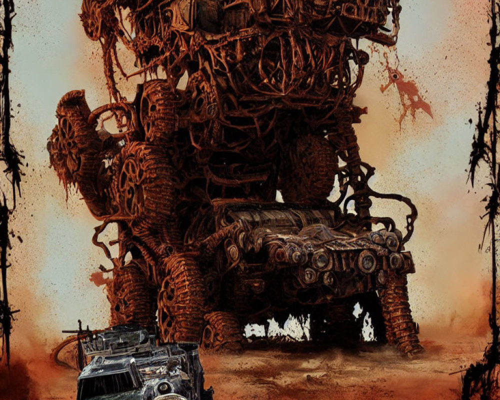 Massive mechanical structure and rugged vehicle in dystopian landscape