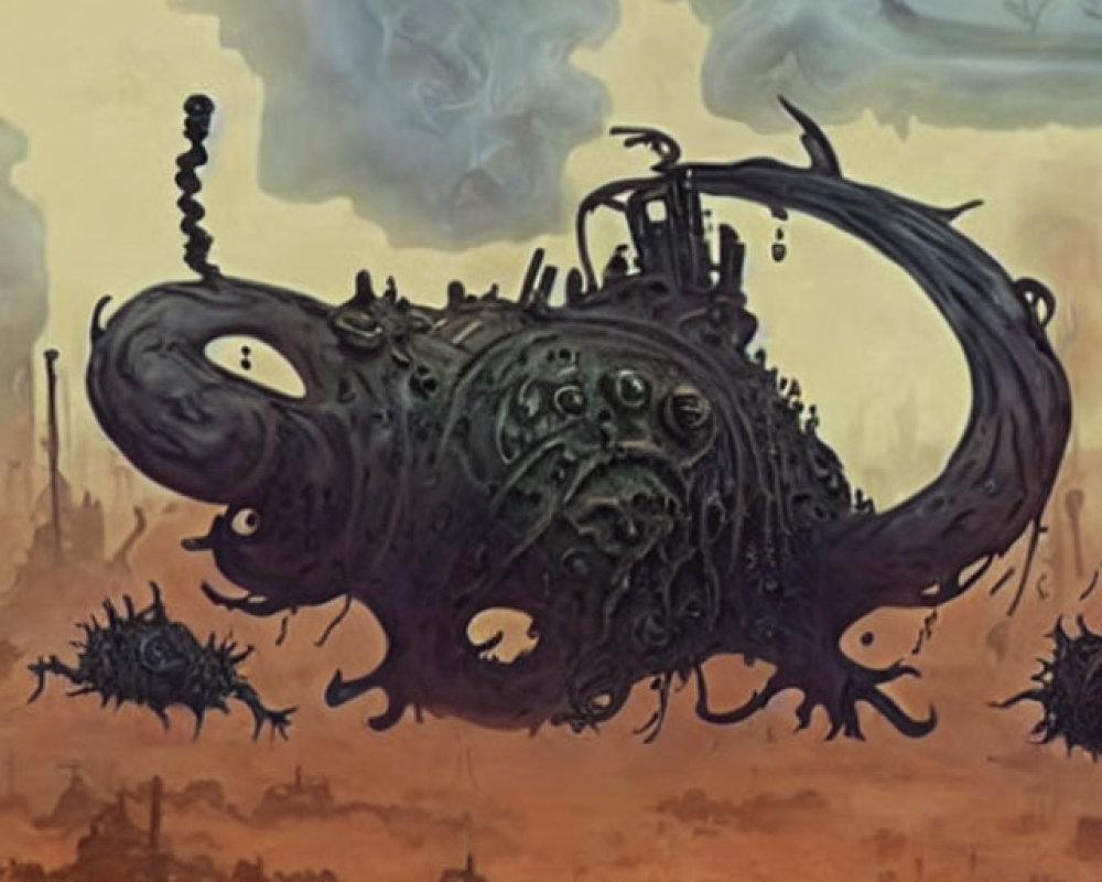 Surreal dystopian landscape with monstrous creature and dark tones