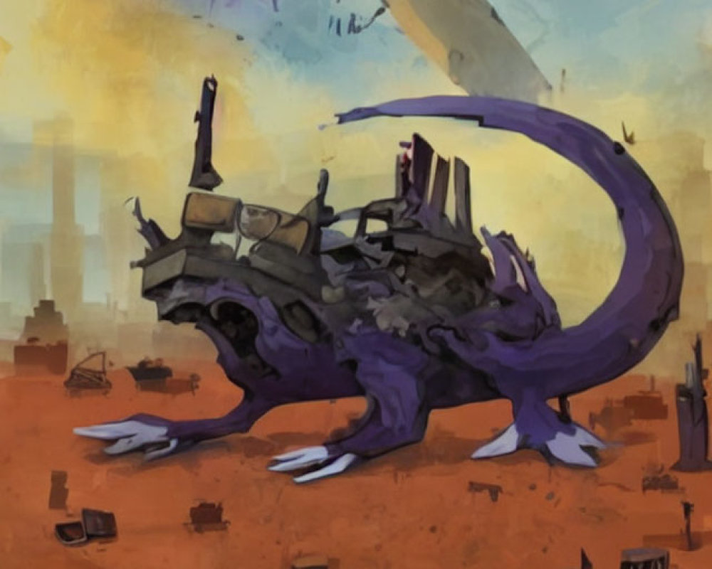 Purple lizard-like creature in urban debris on desolate landscape