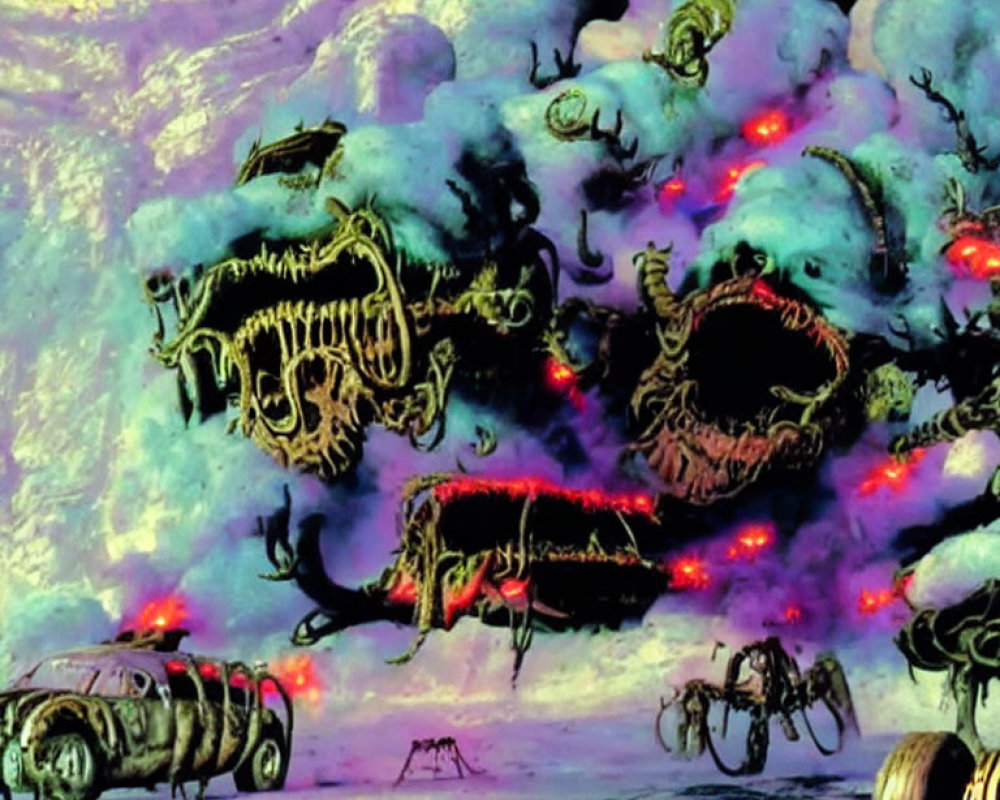 Psychedelic landscape with car-like creatures and glowing red eyes.