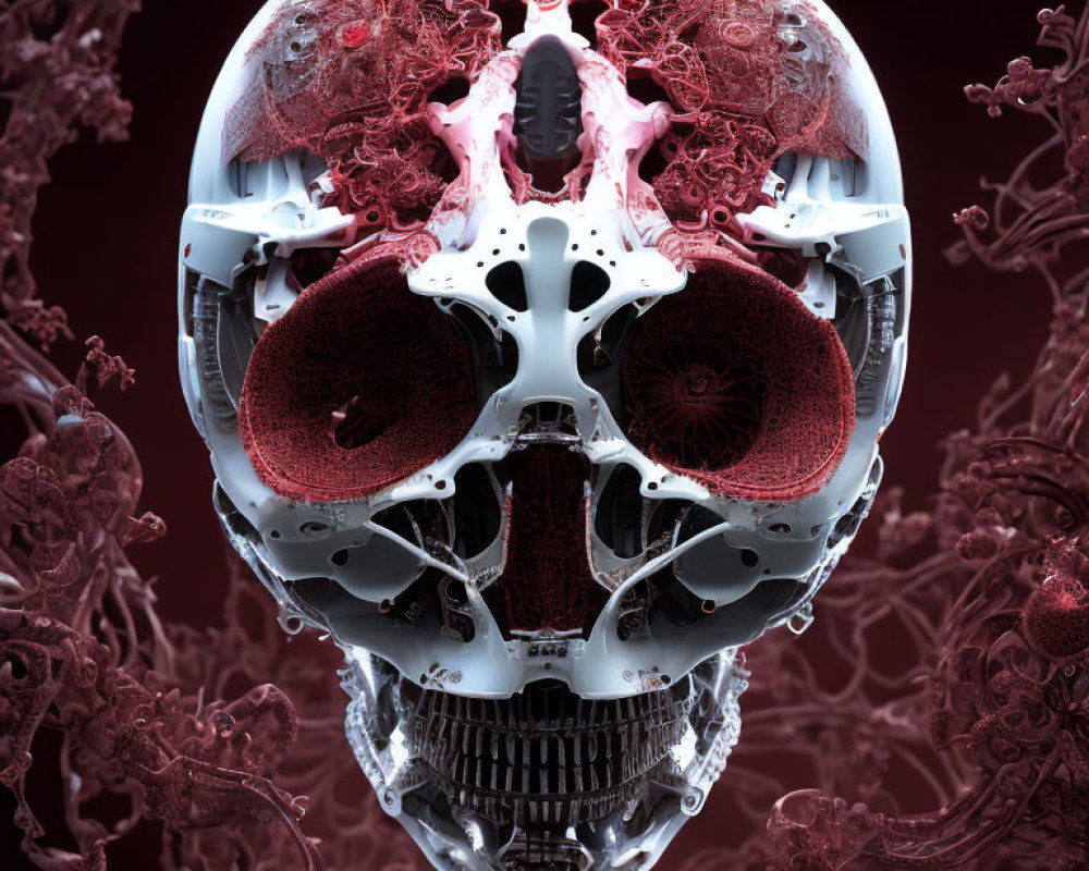 Digital Artwork: Human Skull with Mechanical and Organic Elements on Dark Red Background