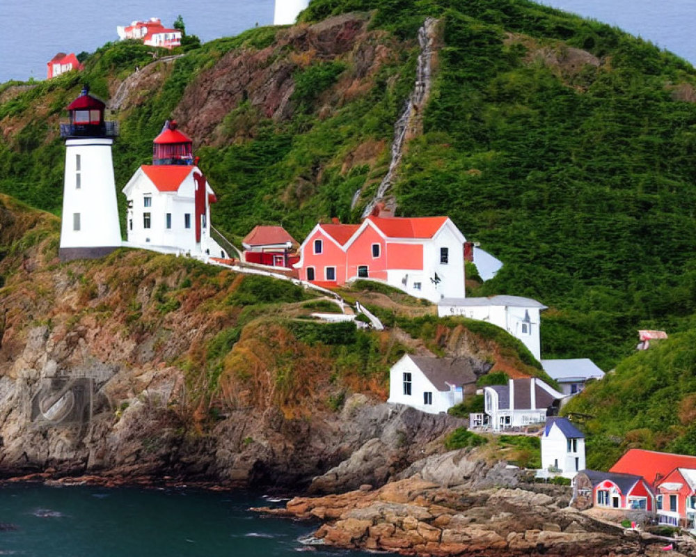 Scenic lighthouse on rugged cliff with red-roofed buildings by ocean