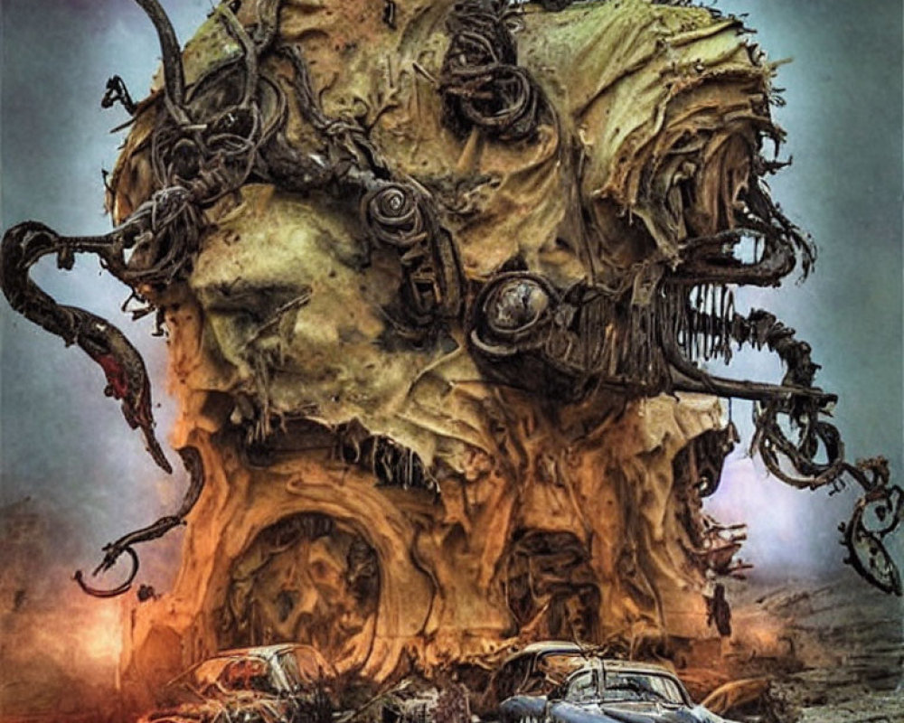 Decrepit mechanical skull entangled in vines above rusted cars in desolate landscape