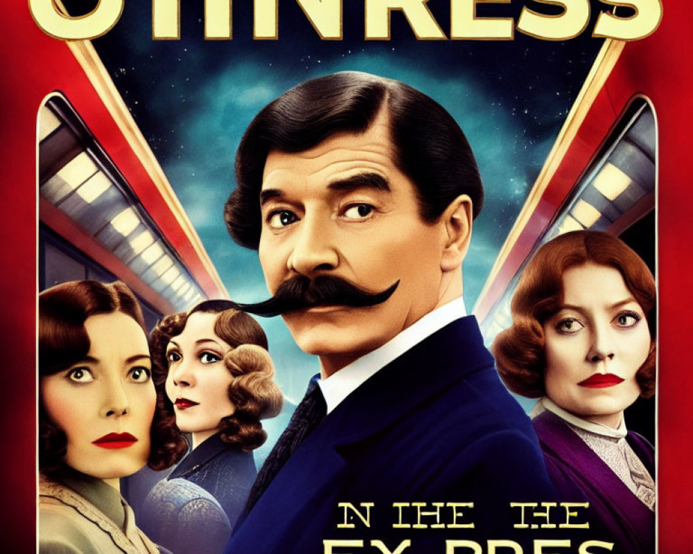 Vintage Movie Poster Featuring Male Figure with Mustache and Women in Retro Hairstyles