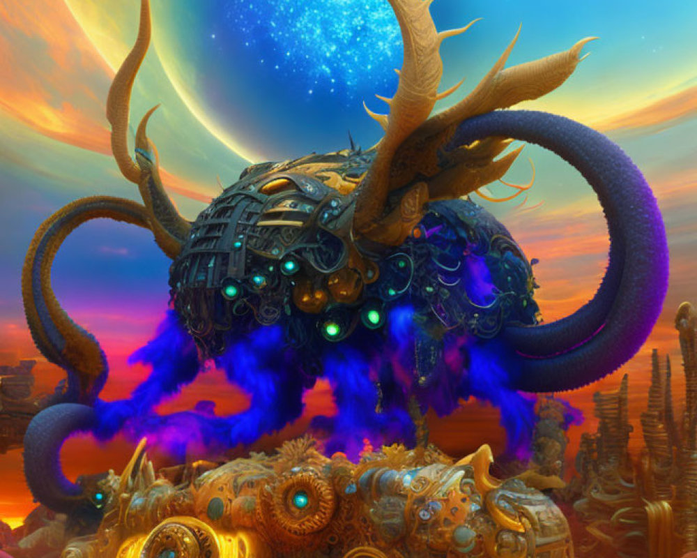 Vibrant surreal artwork: mechanical creature with tentacles and horns in cosmic setting