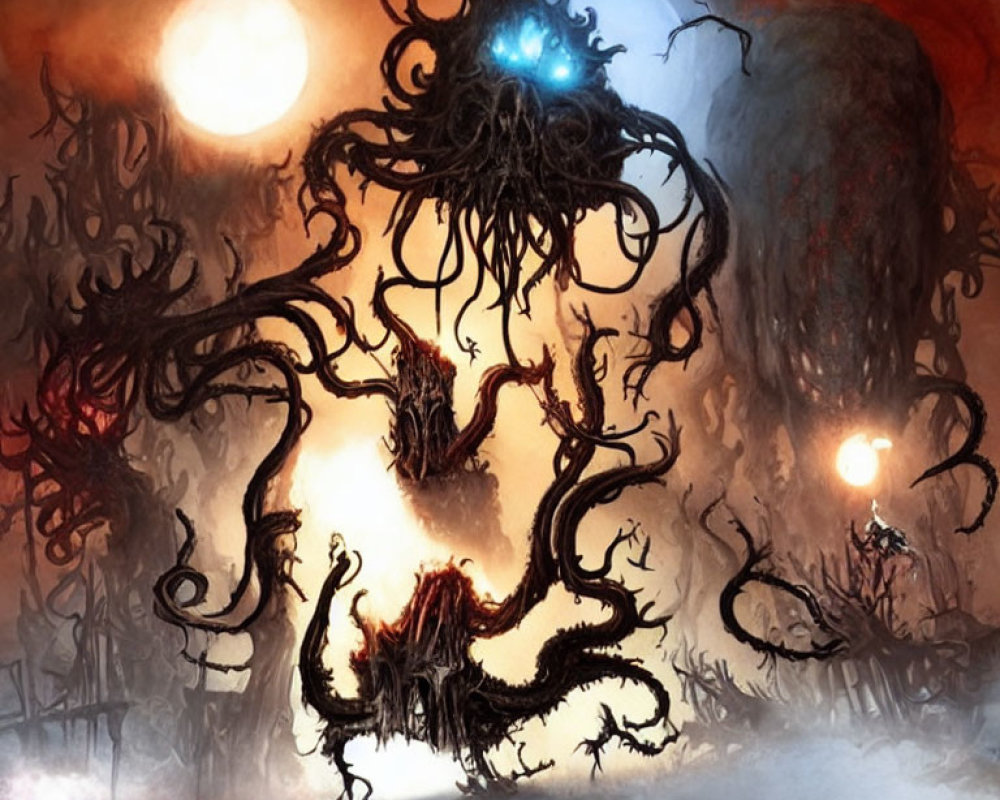 Mysterious tentacled creature with glowing eyes in misty scene