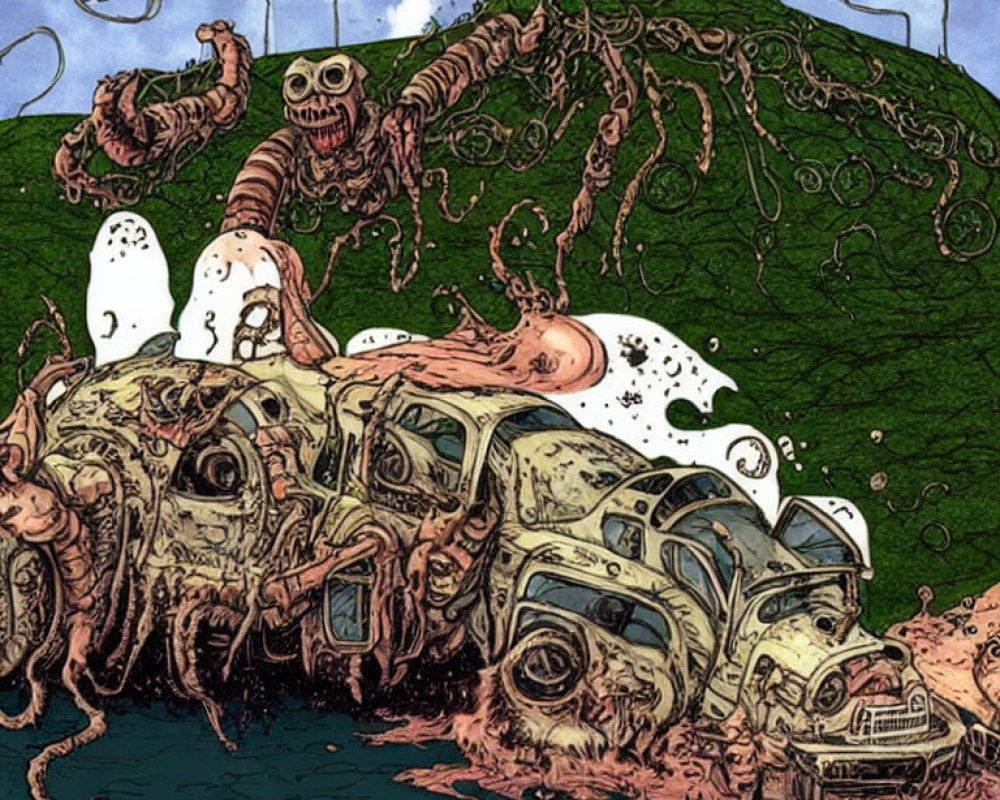 Skeletal creature with tentacles in decaying car pile on green hill