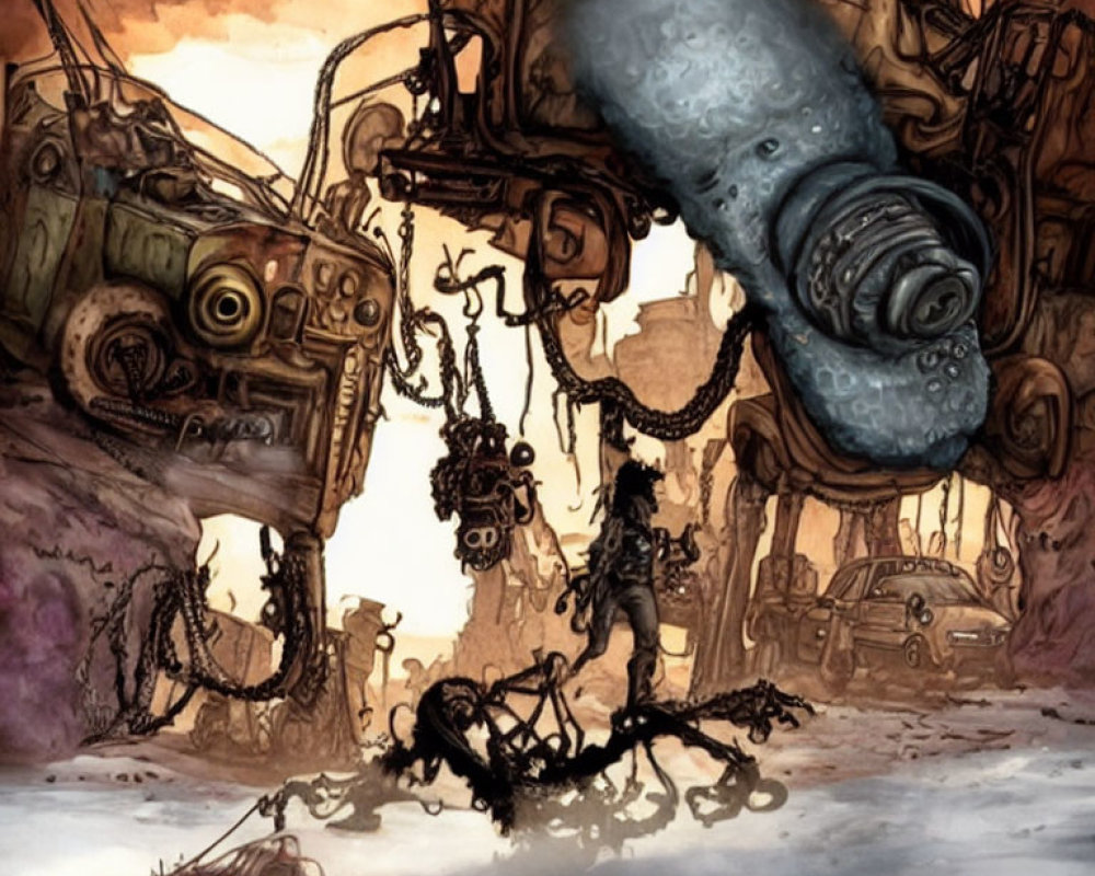 Dystopian wasteland with rusted machinery and twisted structures