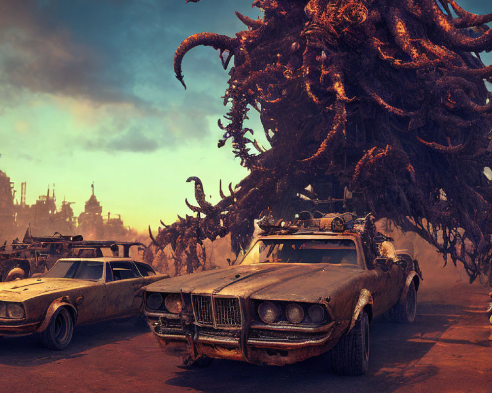 Dilapidated Cars and Massive Creature in Post-Apocalyptic Desert