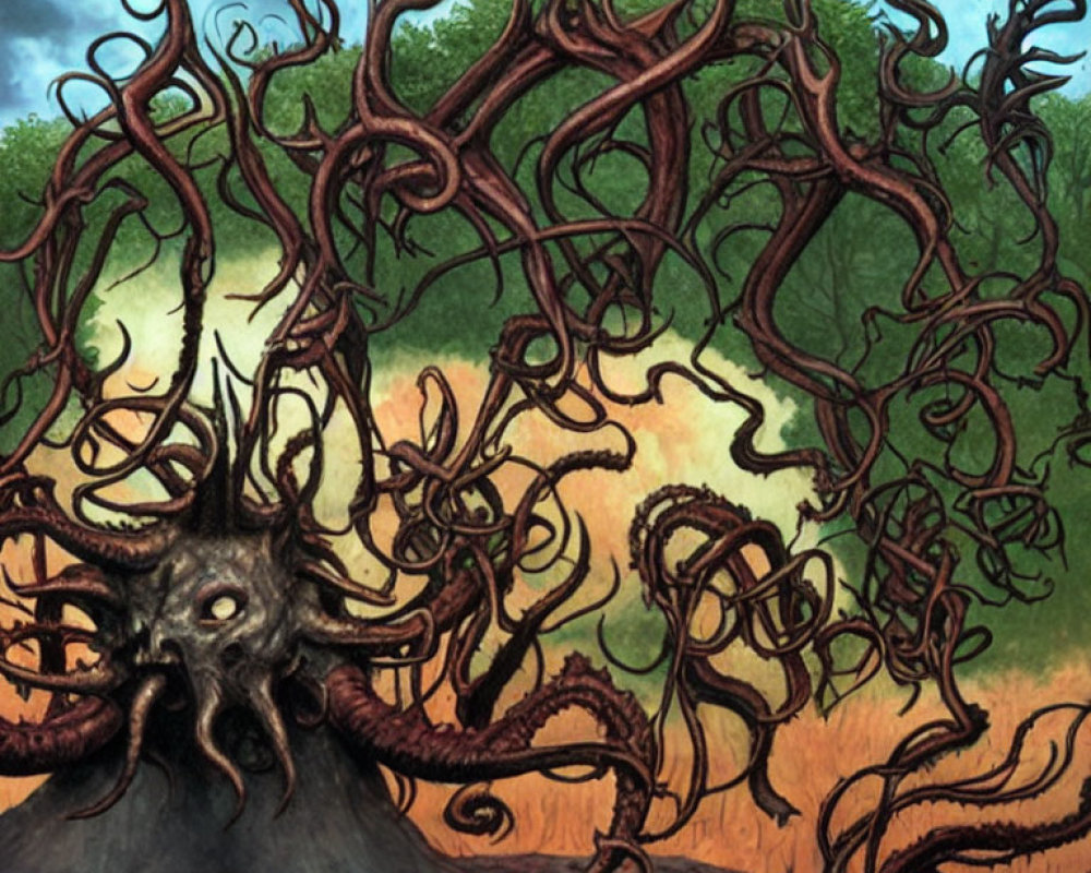 Monstrous face tree illustration with tentacle-like branches