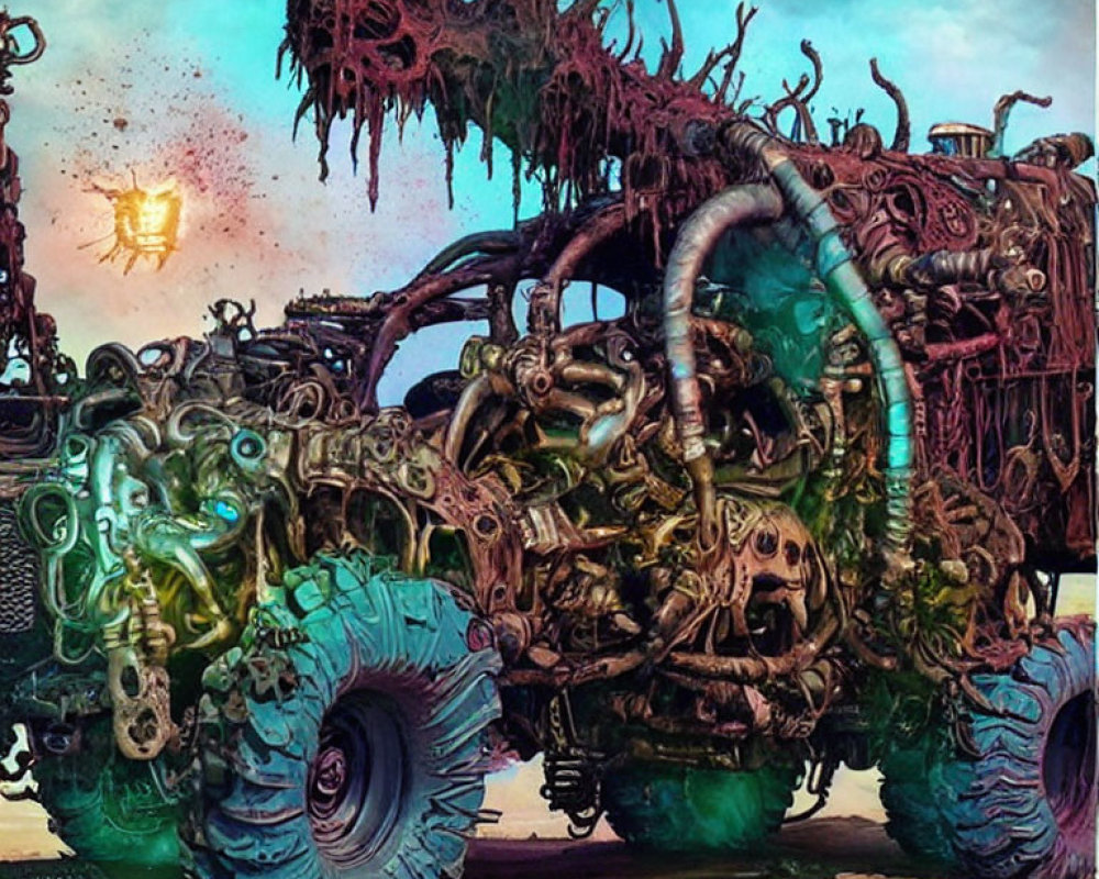 Intricate, fantastical vehicle with hybrid organic-machine design in colorful surreal setting