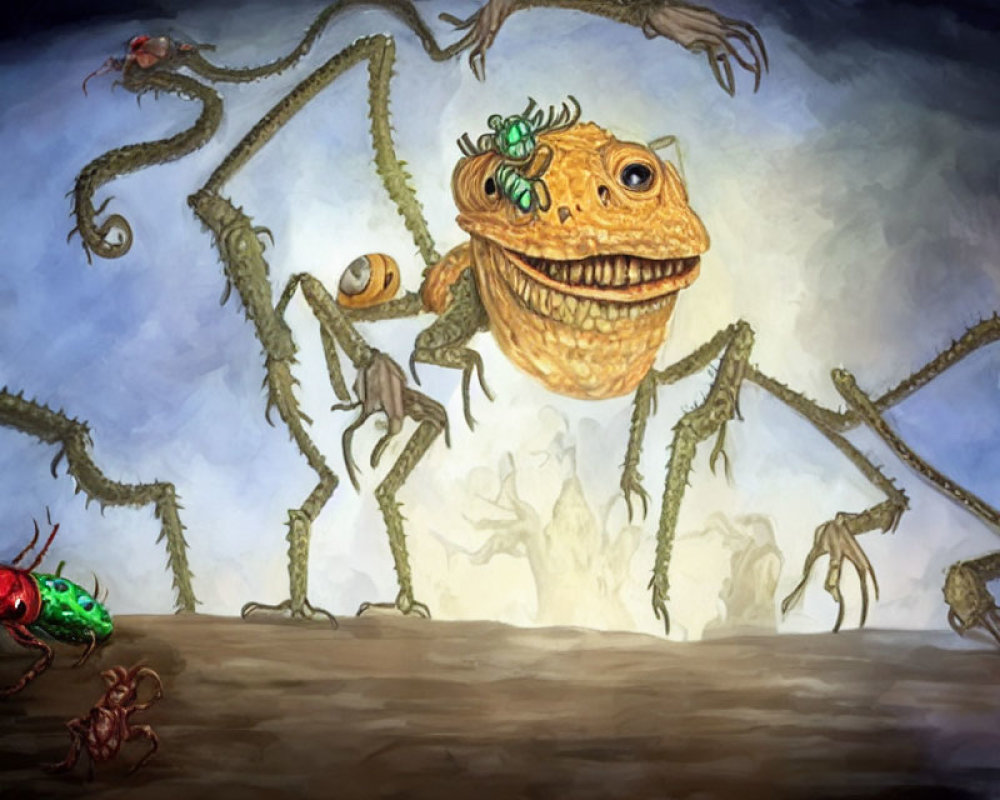 Surreal artwork: Large smiling amphibian creature with multiple eyes and insect-like creatures on gloomy