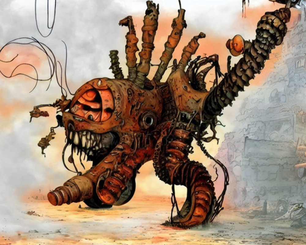 Steampunk-style mechanical octopus with gears and tubing in dystopian setting