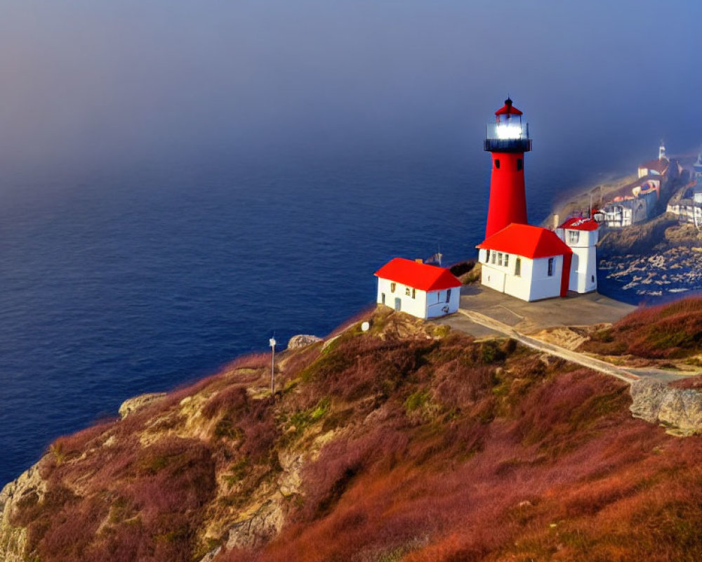 Red and White Lighthouse on Cliff with Foggy Horizon and Red-Tinted Vegetation