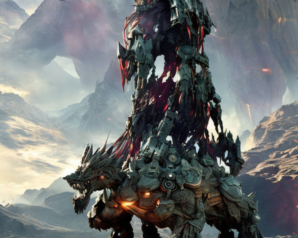 Glowing-eyed mechanical dragon in rocky landscape with red cloth and armor.