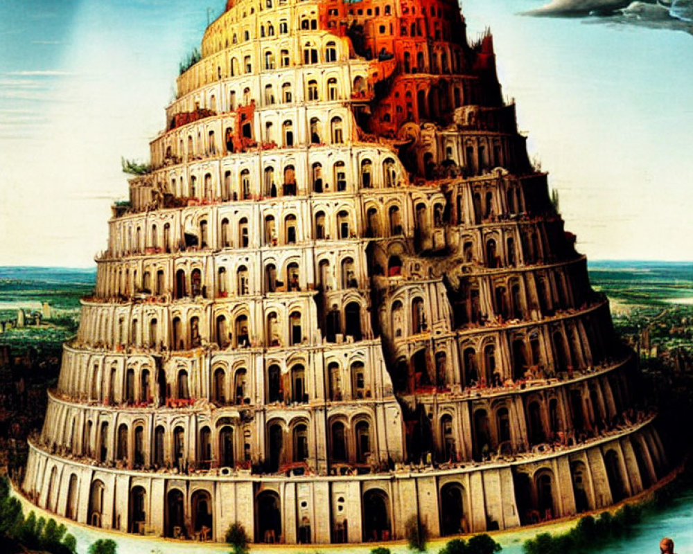 Circular Tower of Babel in Pastoral Landscape