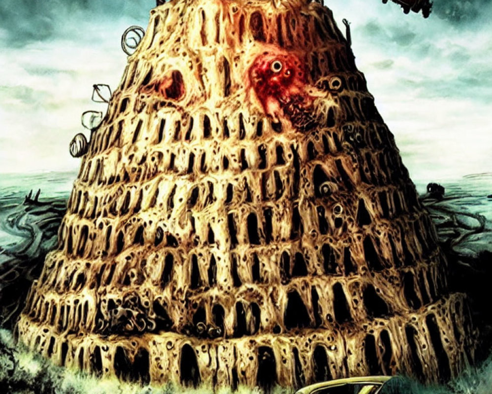 Dystopian illustration: Hive-like tower with skulls, desolate landscape, and floating orbs