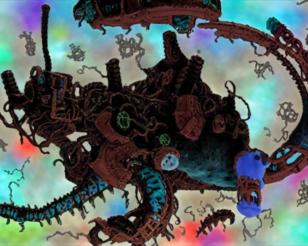 Steampunk-style mechanical creature on mottled blue and red background