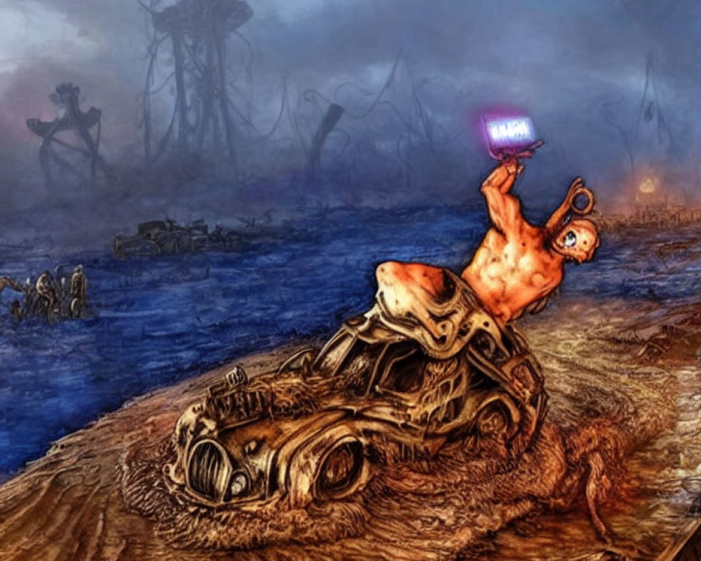 Surreal illustration of humanoid figure on tortoise-like carapace in wasteland