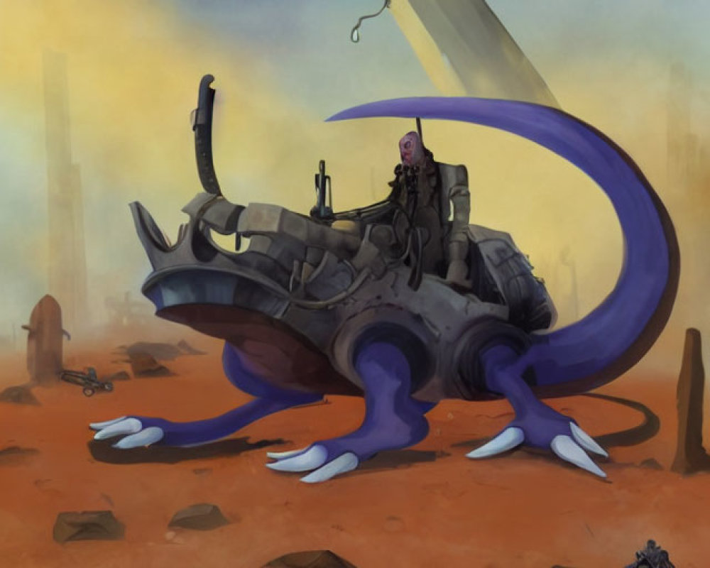 Futuristic scene: person on mechanical octopus in sandy, ruins-filled landscape