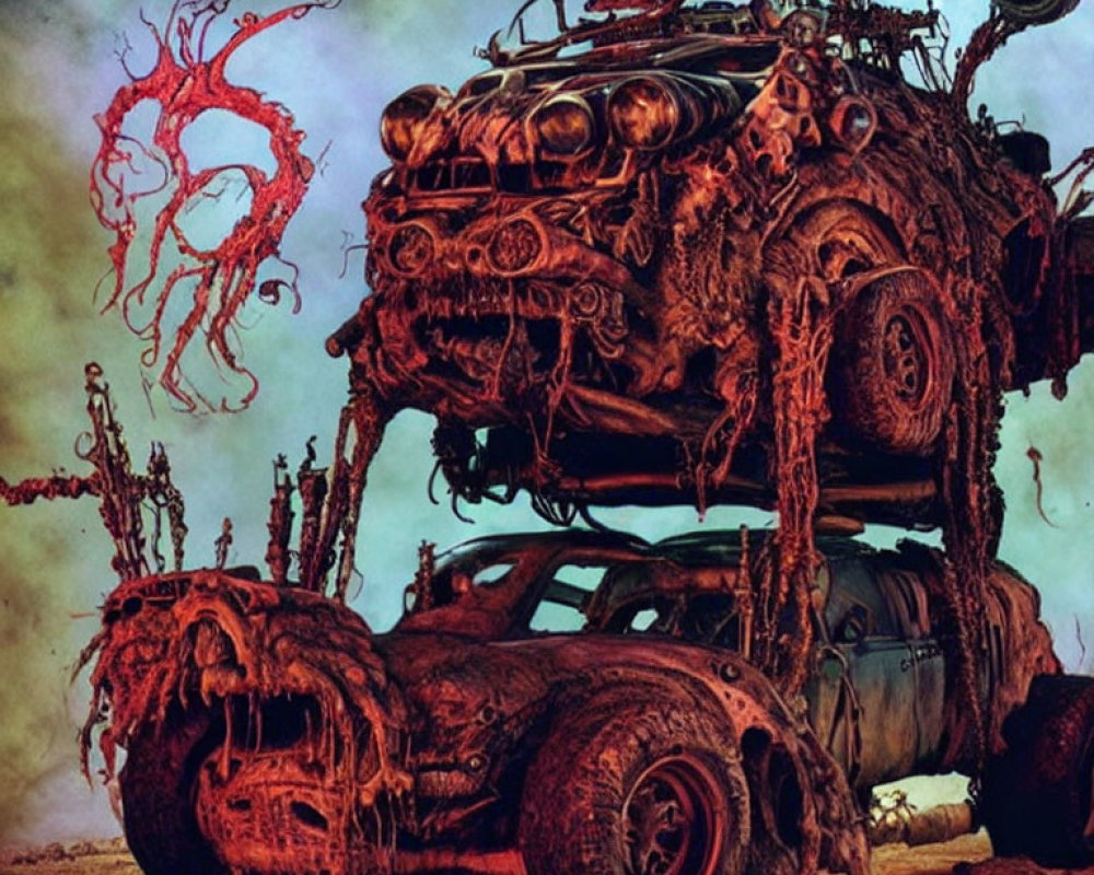 Modified car with oversized tires in dystopian landscape with eerie red tentacles