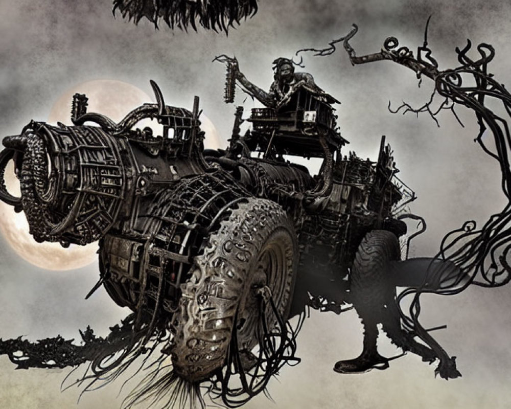 Steampunk vehicle with mechanical parts and figure holding a spear