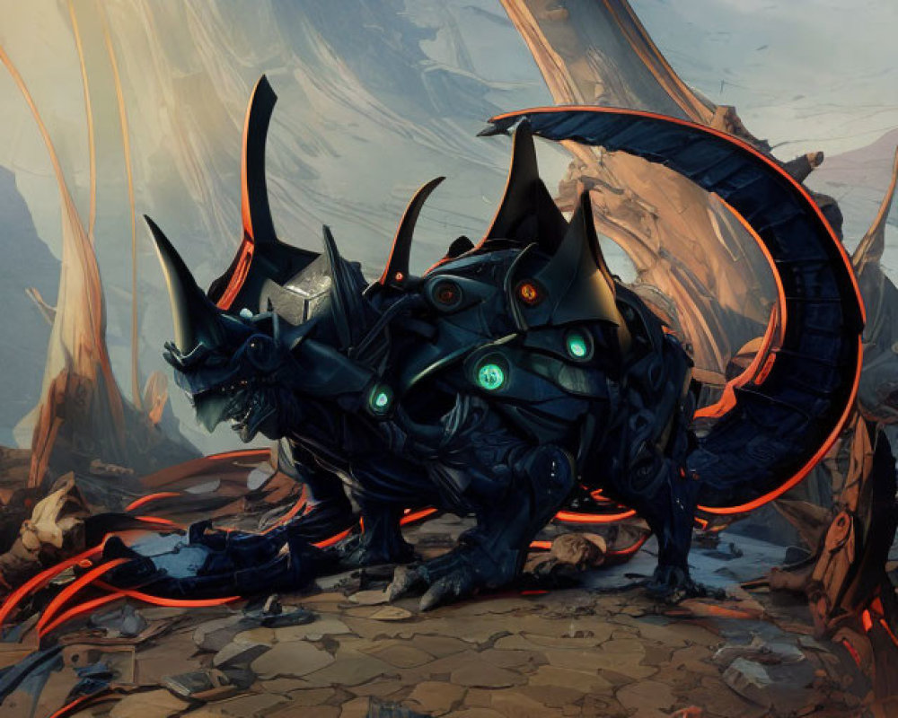 Black Armored Dragon with Glowing Green Eyes in Desolate Landscape