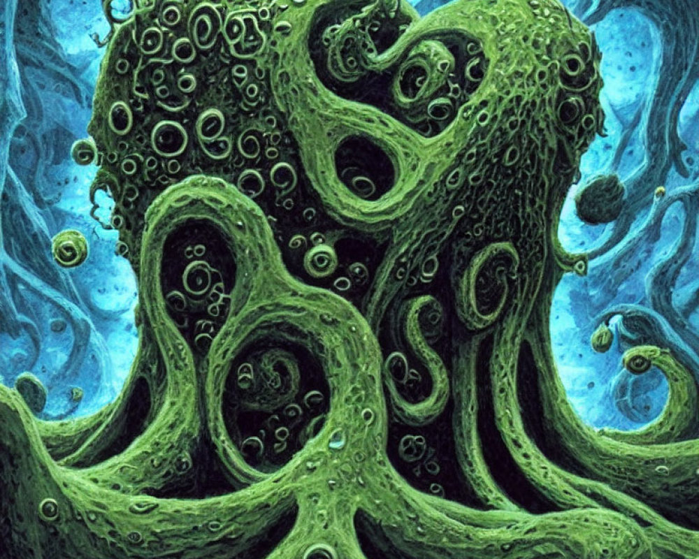 Fantastical green tentacle-like trees on blue bubble-filled background