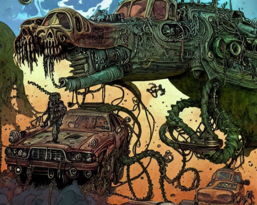 Surreal artwork of overgrown car with organic and mechanical elements