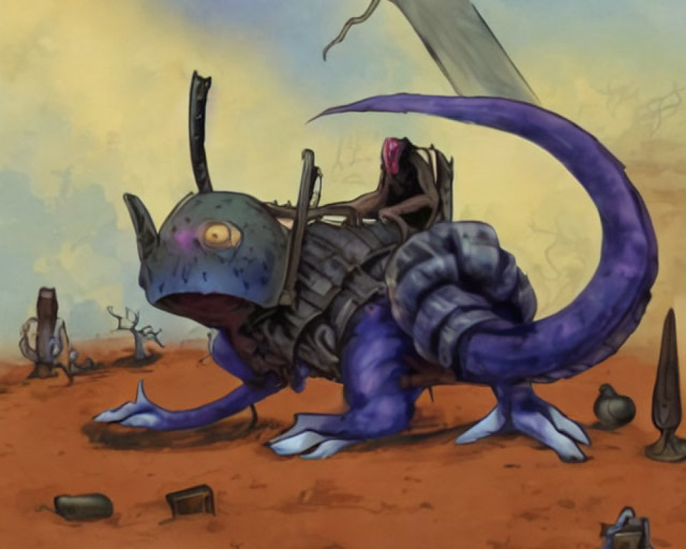 Blue robotic lizard with rider in desert landscape under hazy sky