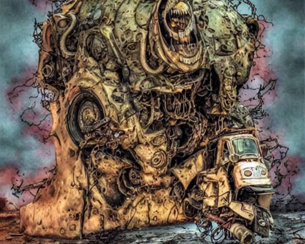 Monstrous mechanical creature above rusty truck in dystopian landscape