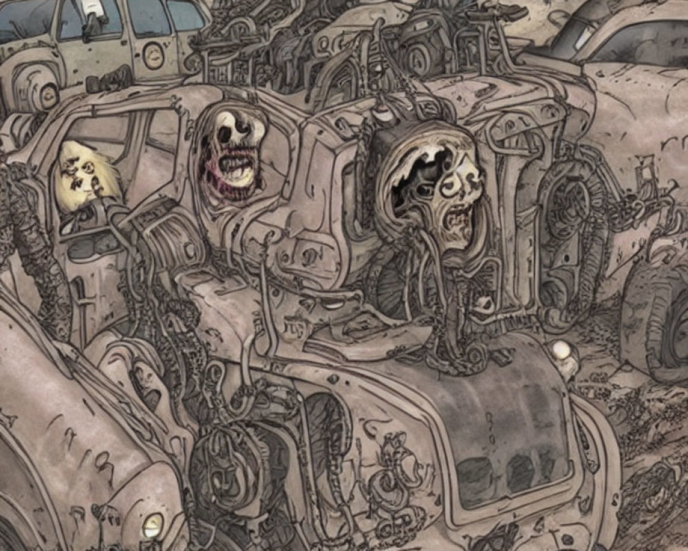 Dystopian scene with skulls, desolate landscape, and decrepit cars