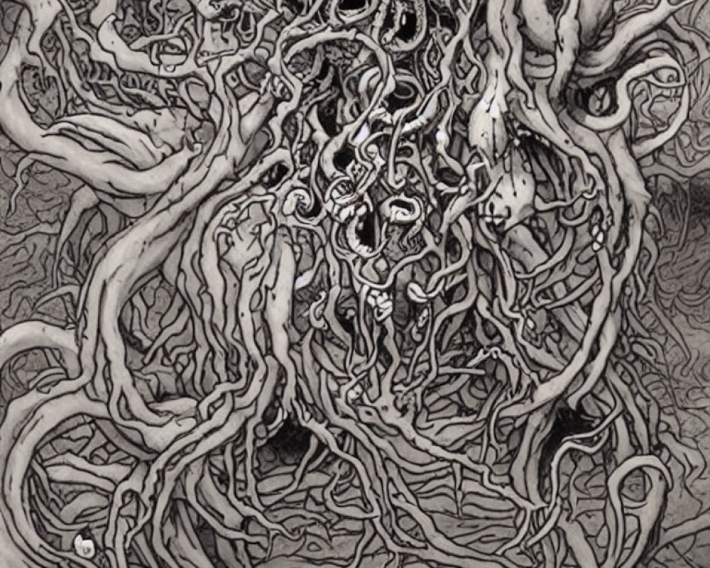 Detailed Black and White Drawing of Entwined Organic Roots