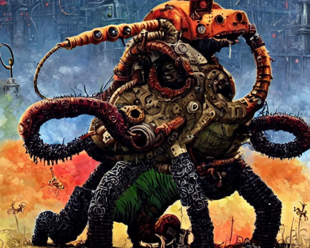 Mechanical octopus with orange head in futuristic scene.