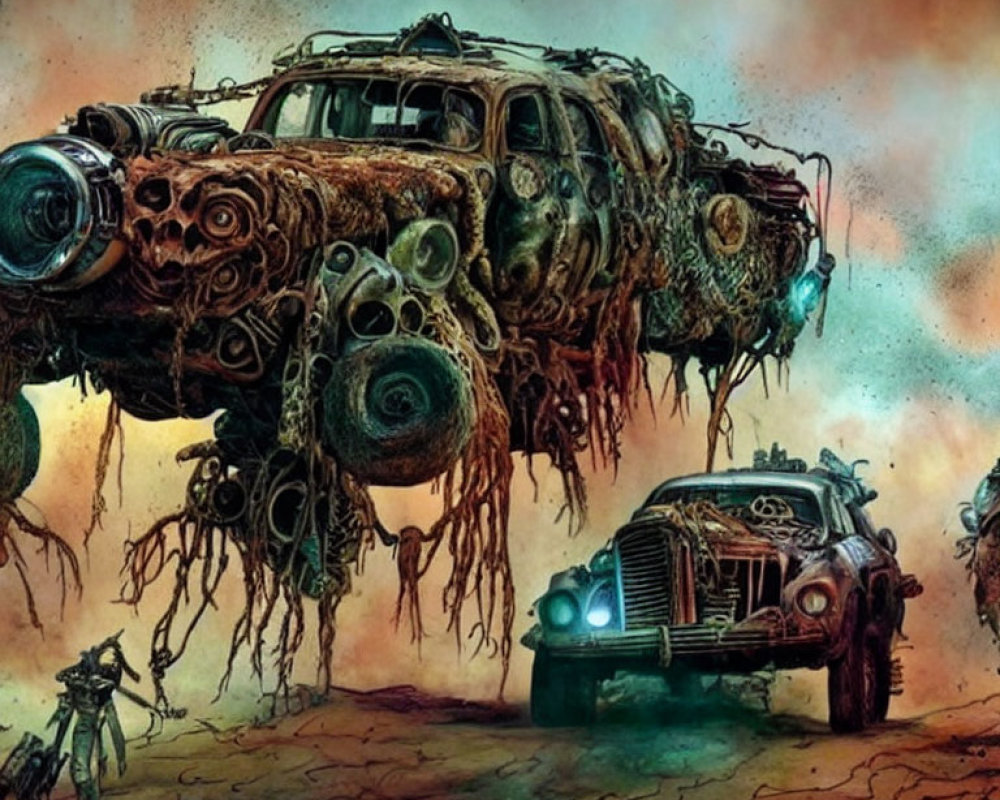 Dystopian artwork with rusted vehicles, desolate landscape, and lone figure.