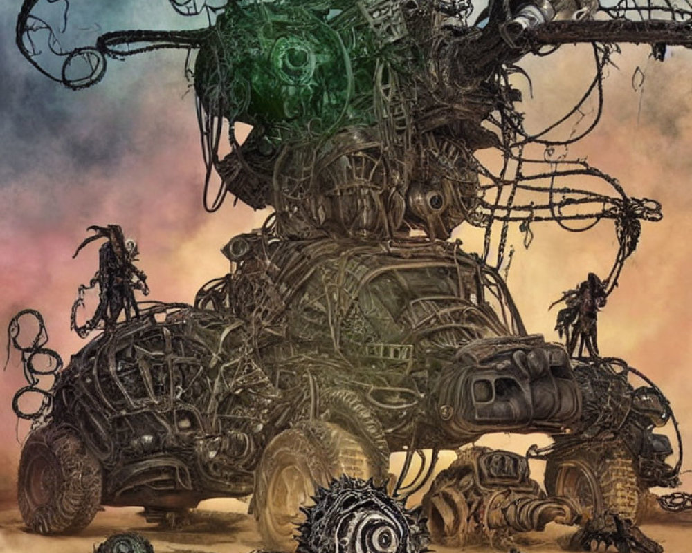 Twisted metal heap with dark figures in dystopian scene