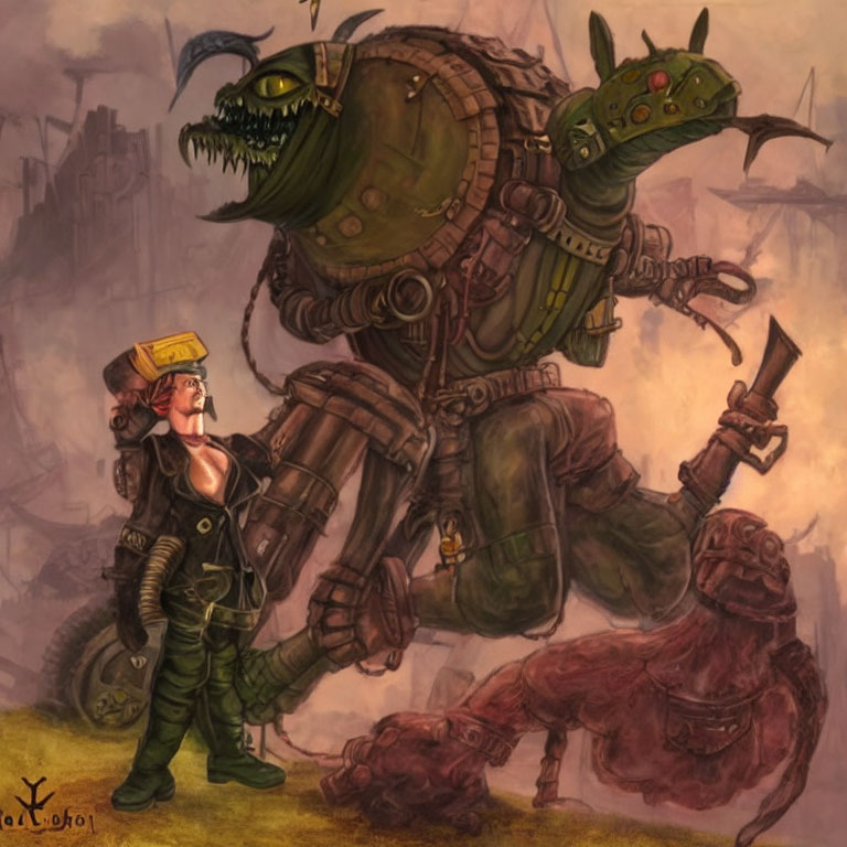 Mechanic with goggles and wrench beside green mechanical creature