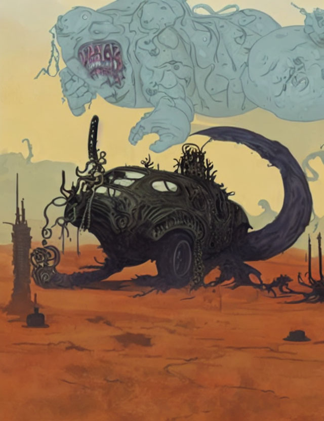 Illustrated futuristic wasteland with ornate vehicle and dilapidated buildings under orange sky