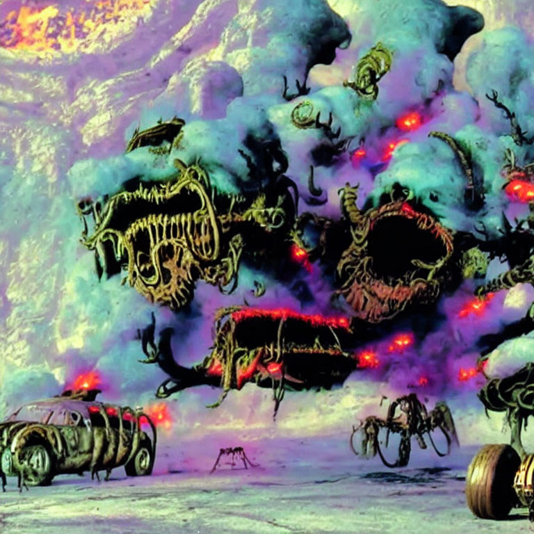 Psychedelic landscape with car-like creatures and glowing red eyes.