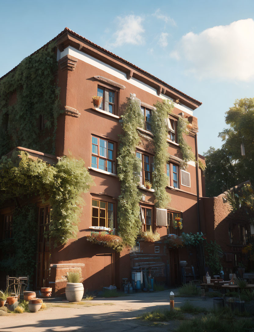 Multi-story brown building with green ivy under clear blue sky