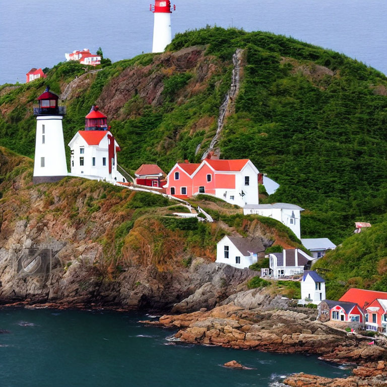 Scenic lighthouse on rugged cliff with red-roofed buildings by ocean