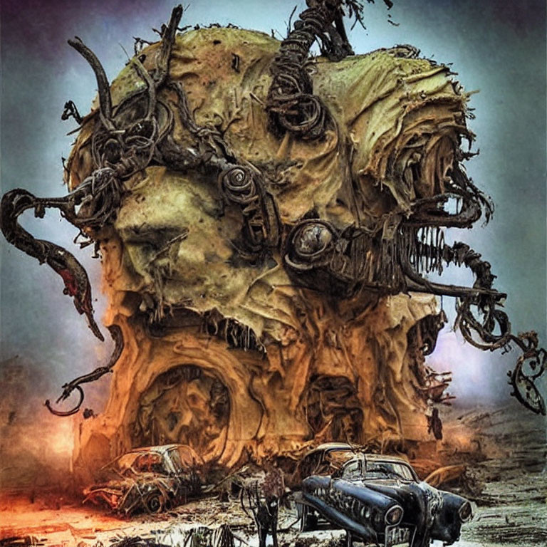 Decrepit mechanical skull entangled in vines above rusted cars in desolate landscape