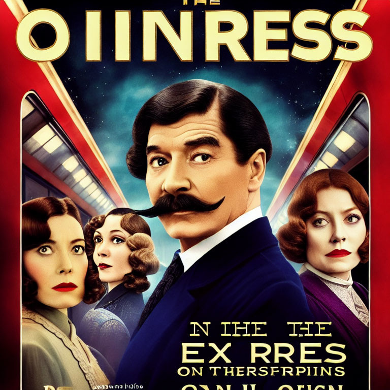 Vintage Movie Poster Featuring Male Figure with Mustache and Women in Retro Hairstyles