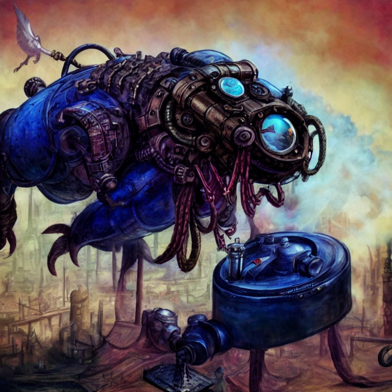 Whimsical steampunk digital artwork with intricate mechanical contraption