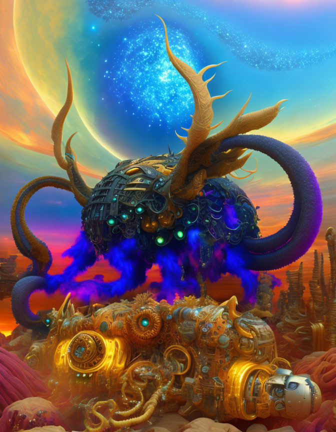 Vibrant surreal artwork: mechanical creature with tentacles and horns in cosmic setting