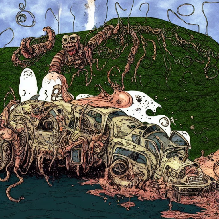 Skeletal creature with tentacles in decaying car pile on green hill