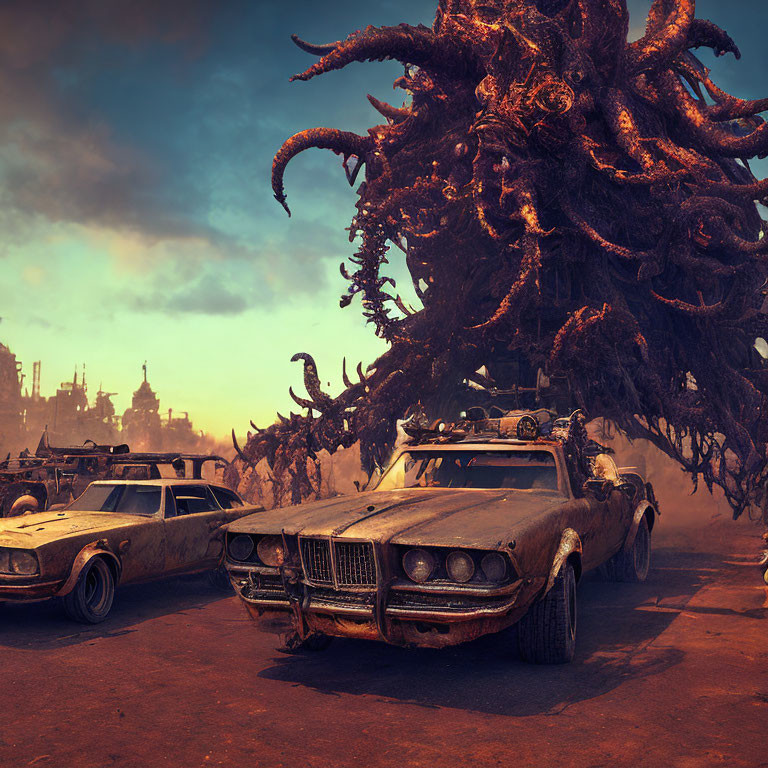 Dilapidated Cars and Massive Creature in Post-Apocalyptic Desert