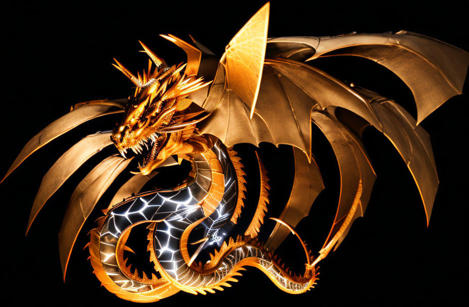 Golden Dragon Sculpture with Glowing Eyes and Electric Fangs on Black Background