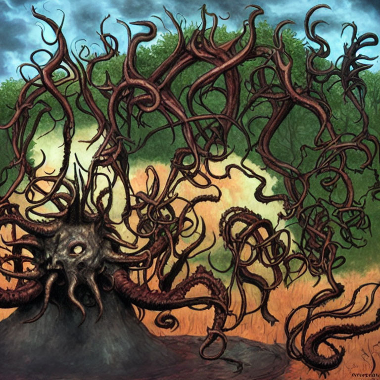 Monstrous face tree illustration with tentacle-like branches